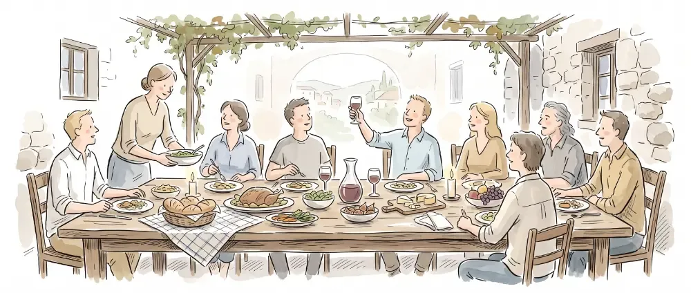 Repas en groupe autour d'une table avec de nombreux plats