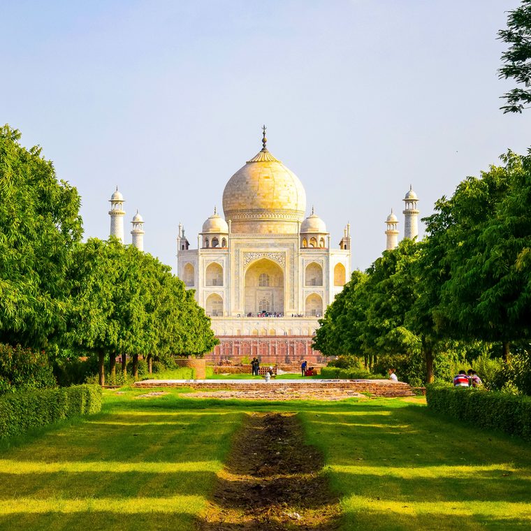 Le Taj Mahal vu depuis les jardins au petit matin