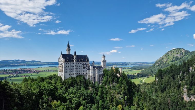 Le château de Neuschwanstein émergeant de la forêt face aux montagnes bavaroises