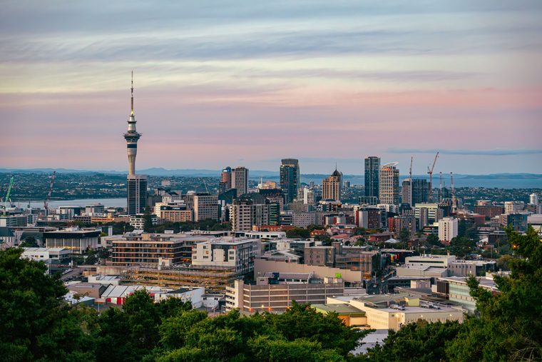 Vue sur la Sky Tower et la marina d'Auckland depuis l'eau