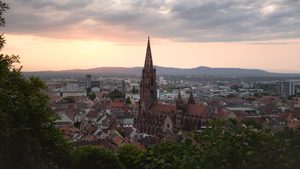 La cathédrale de Fribourg et les toits de la vieille ville depuis le Schlossberg