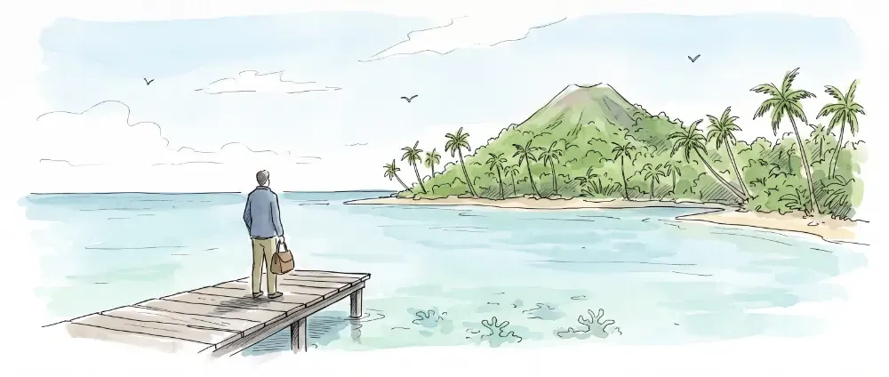 Sur un ponton avec vue sur une île