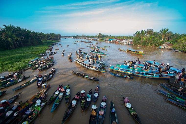 Un klotok traditionnel naviguant sur la rivière Sekonyer bordée par la jungle