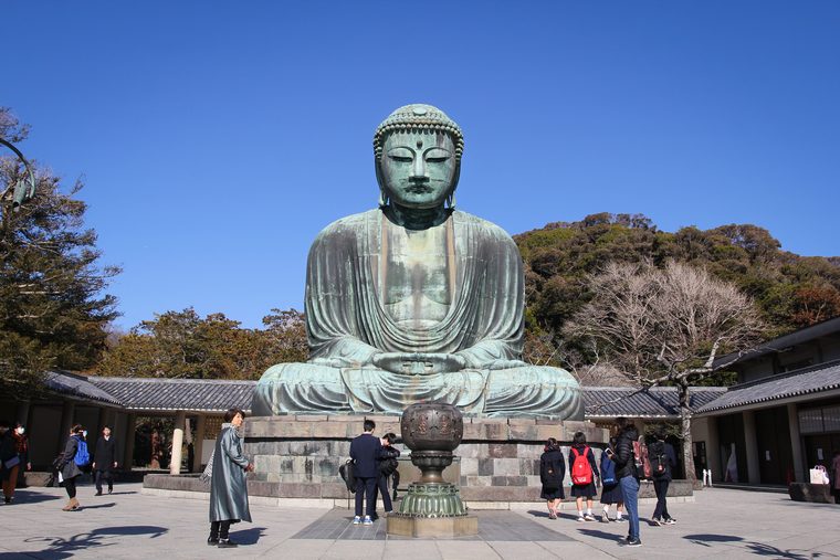 Le Grand Bouddha de bronze de Kamakura entouré d'arbres