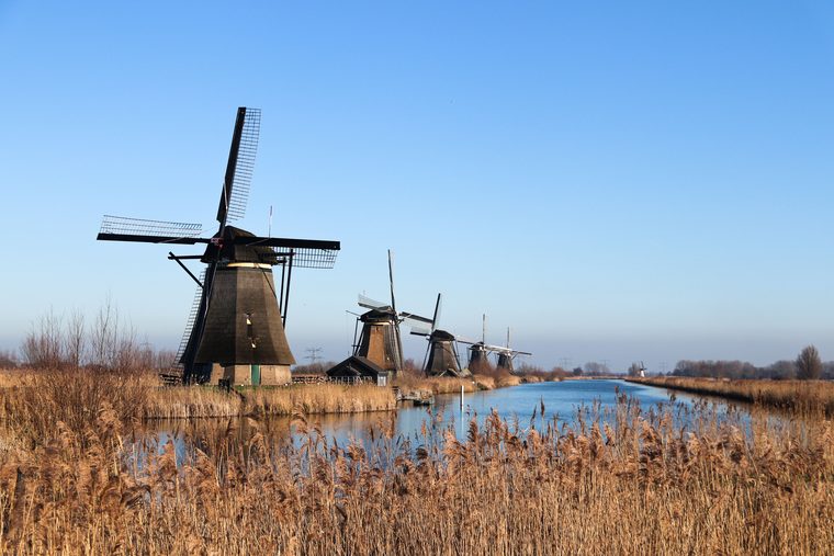 Les moulins à vent de Kinderdijk alignés le long du canal au lever du soleil