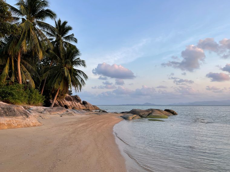Bateaux traditionnels sur une plage de sable clair à Koh Samui
