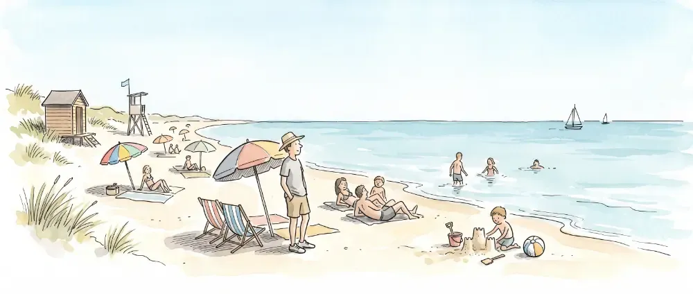 Plage au soleil avec parasol et serviette