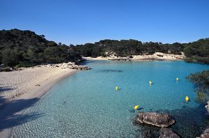 Les eaux turquoise d'une crique du sud de Minorque, entourée de falaises calcaires et de pins