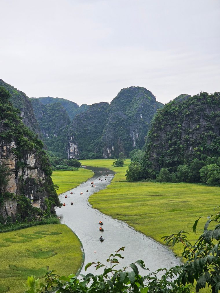 Barque glissant sur la rivière Ngo Dong à Tam Coc, entourée de pitons karstiques