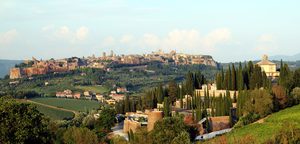 Les collines verdoyantes de l'Ombrie et la basilique d'Assise au loin