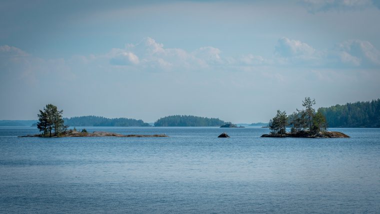 Un chalet en bois rouge au bord du lac Saimaa entouré de sapins