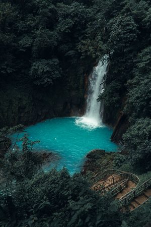 La cascade du Río Celeste s'écoulant dans un bassin d'eau bleu turquoise au milieu de la forêt tropicale