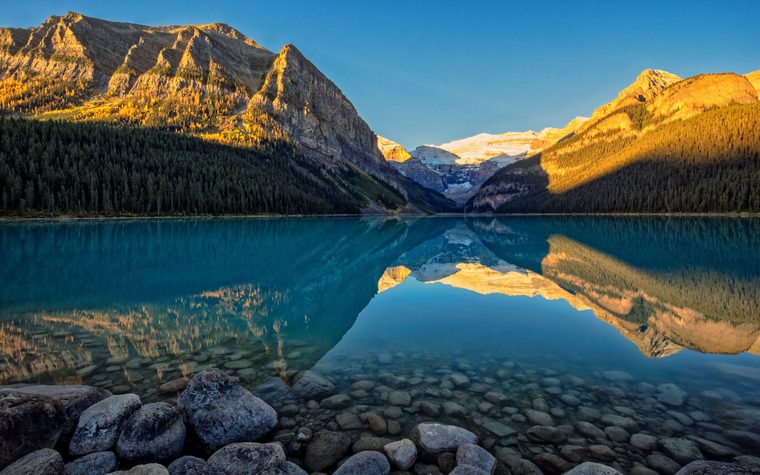 Le lac Louise aux eaux turquoise entouré de montagnes et de forêts de sapins