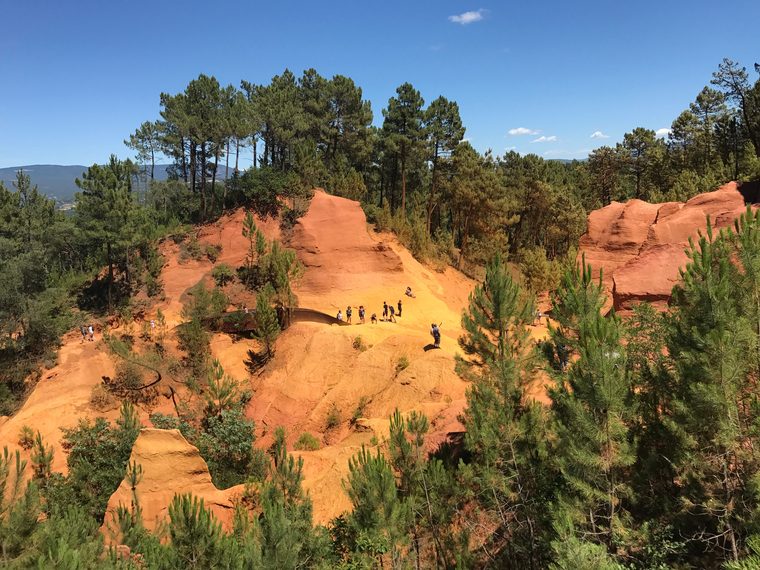Les falaises d'ocre rouge et le village perché de Roussillon au milieu des pins