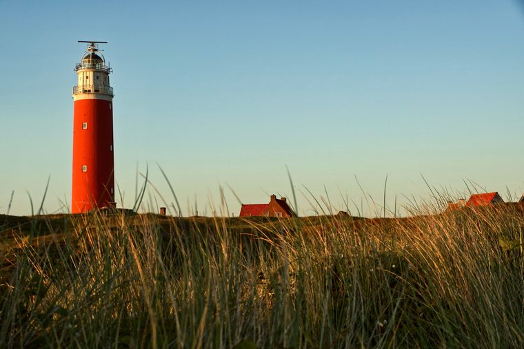 Le phare rouge de Texel entouré de dunes de sable