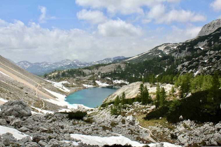 Le lac de Bohinj entouré par les montagnes du parc national de Triglav