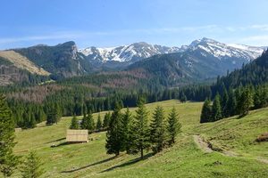Maisons traditionnelles en bois de Zakopane avec les sommets enneigés des Tatras en arrière-plan